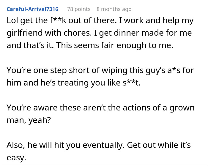 A Reddit comment advising the woman to leave the true crime story situation, highlighting the boyfriend's behavior.