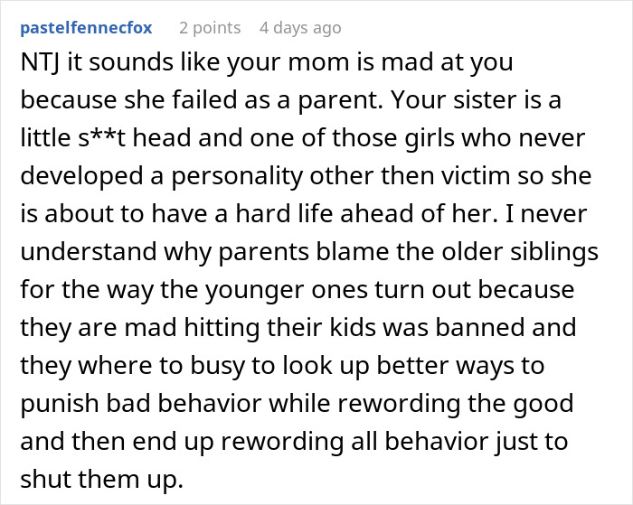 A comment discussing a teen sister crying over food and ruining a woman's birthday dinner.
