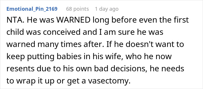 A social media comment on a guy regretting his SAHM wife, having a 6th kid, and blaming him. A social media comment on a guy regretting his SAHM wife, having a 6th kid, and blaming him.
