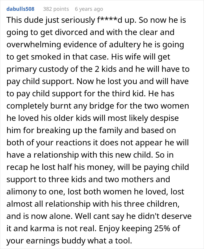 A detailed comment outlining the consequences for a boyfriend who gave a pregnant woman a nasty surprise. A detailed comment outlining the consequences for a boyfriend who gave a pregnant woman a nasty surprise.