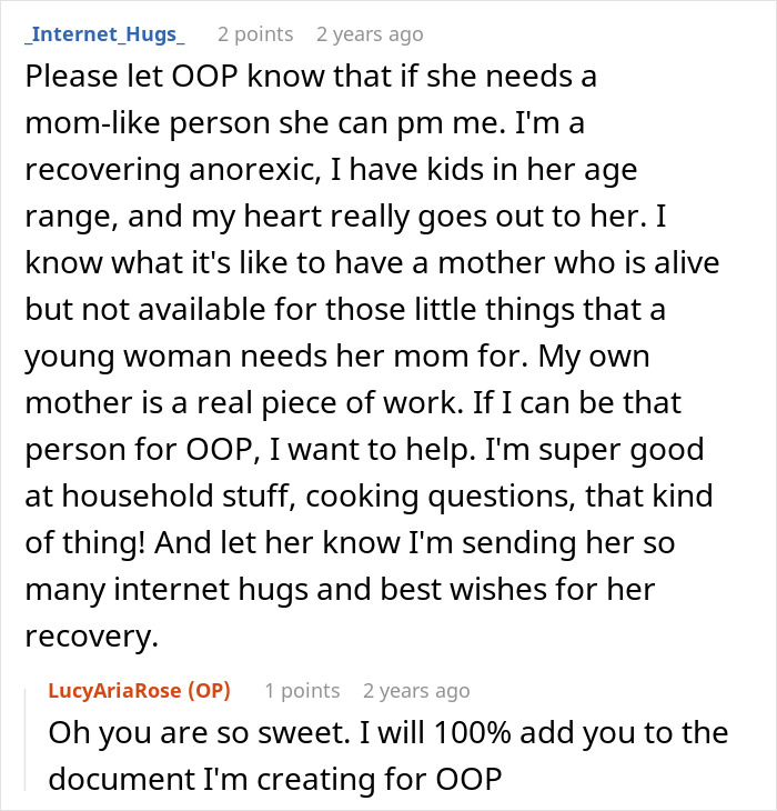A Reddit comment from Internet_Hugs offering support as a mom-like person to a teen who escapes a controlling mom. A Reddit comment from Internet_Hugs offering support as a mom-like person to a teen who escapes a controlling mom.