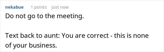 A Reddit comment advising the user not to attend a meeting and to respond, 'You are correct - this is none of your business,' in a childfree wedding family feud. A Reddit comment advising the user not to attend a meeting and to respond, 'You are correct - this is none of your business,' in a childfree wedding family feud.