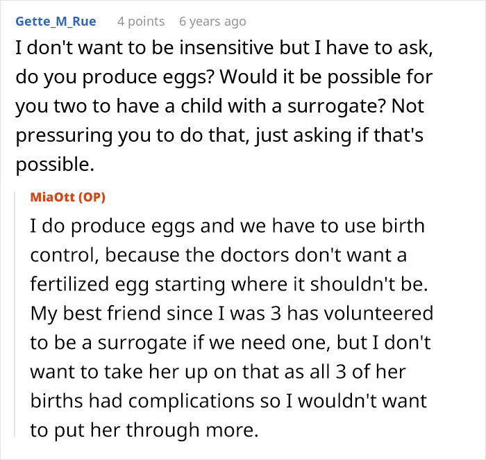 Screenshot of Reddit comments discussing a woman called defective by her future mother-in-law, related to marriage and fertility.