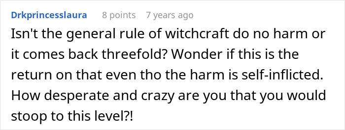 A comment about witchcraft rules, self-inflicted harm, and a crazy MIL. The user wonders about the MIL's desperate actions.