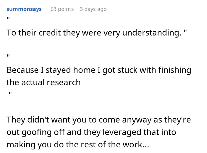 A comment discussing research and teammates goofing off, connecting to the woman's petty brownie payback. A comment discussing research and teammates goofing off, connecting to the woman's petty brownie payback.