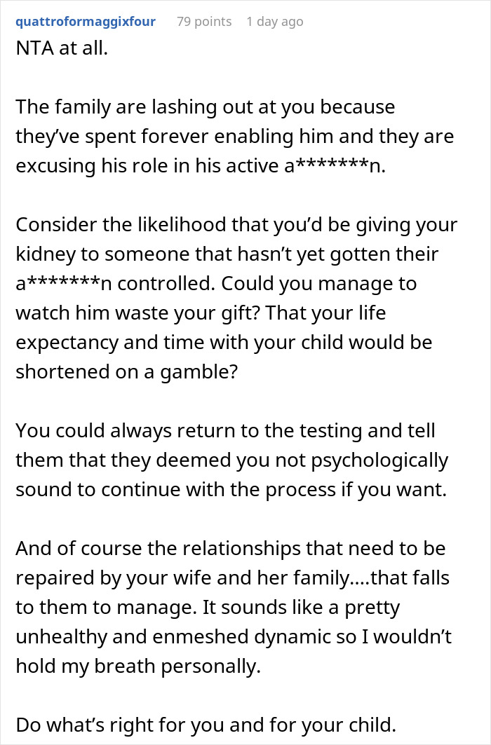 A long Reddit comment offering advice on not donating a kidney to BIL if he drank his last one away. A long Reddit comment offering advice on not donating a kidney to BIL if he drank his last one away.