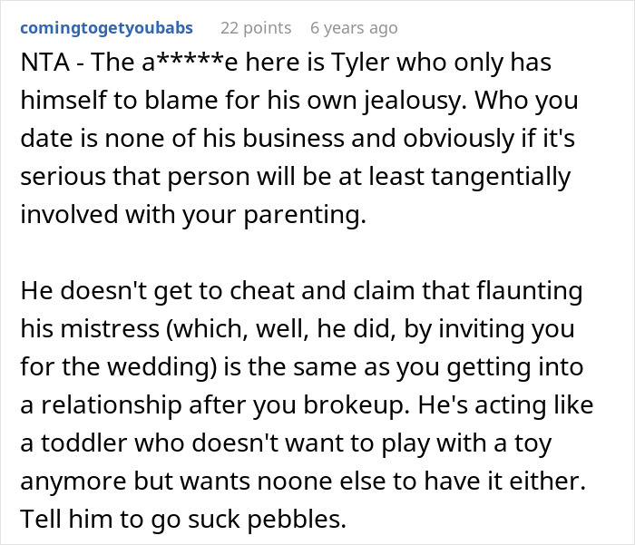 Reddit comment: man cheats on GF, has baby, gets mad GF is dating his childhood friend, showing his jealousy. Reddit comment: man cheats on GF, has baby, gets mad GF is dating his childhood friend, showing his jealousy.