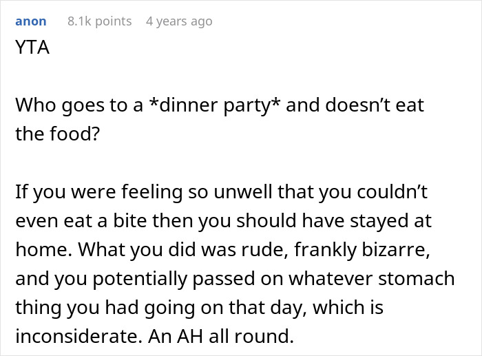 A woman refuses to eat at her MILs home, saying she doesnt just eat anyones cooking.