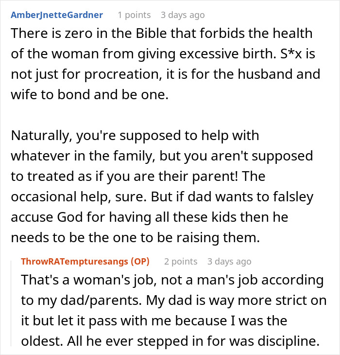 A comment about parents ruining childhood by making children raise their kids, saying it's not a woman's job. A comment about parents ruining childhood by making children raise their kids, saying it's not a woman's job.