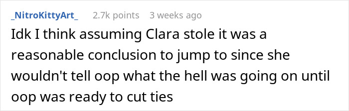 A comment about Clara possibly stealing the sentimental designer bag, highlighting the friend's betrayal. A comment about Clara possibly stealing the sentimental designer bag, highlighting the friend's betrayal.