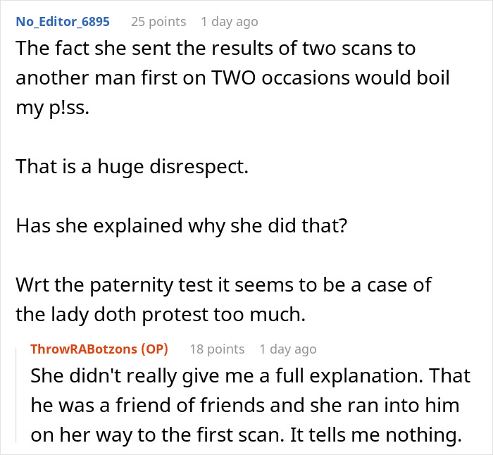 Man suspicious on wife's phone. Her reaction is weird. She sent scan results to another man first. This is disrespect.