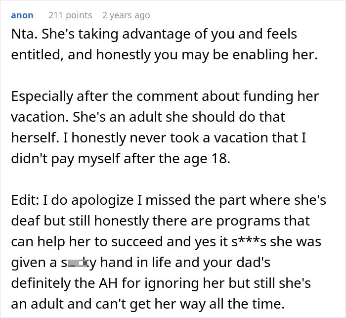 A detailed comment about a woman taking a nanny on a family vacation and why that decision ruins everything.
