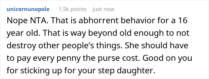 A comment supporting dad making jealous 15-year-old pay for slashes designer purse to teach a lesson. A comment supporting dad making jealous 15-year-old pay for slashes designer purse to teach a lesson.