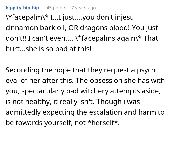 A user comment expressing disbelief about the crazy MIL ingesting cinnamon bark oil and dragons blood in her potion.