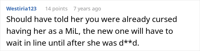 A comment suggesting a witty response to the crazy MIL's witchcraft, connecting it to being cursed by her.