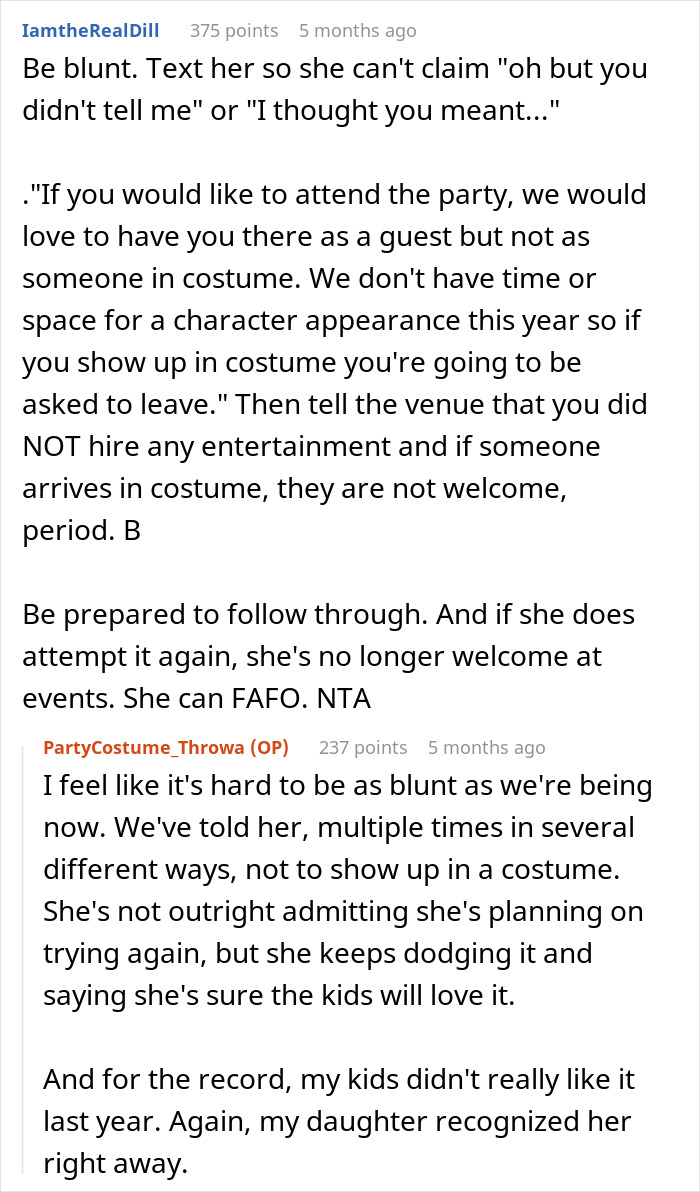 Screenshot of Reddit comments discussing a stepmom trying to hijack a kid's birthday party by dressing up as a K-Pop character. Screenshot of Reddit comments discussing a stepmom trying to hijack a kid's birthday party by dressing up as a K-Pop character.