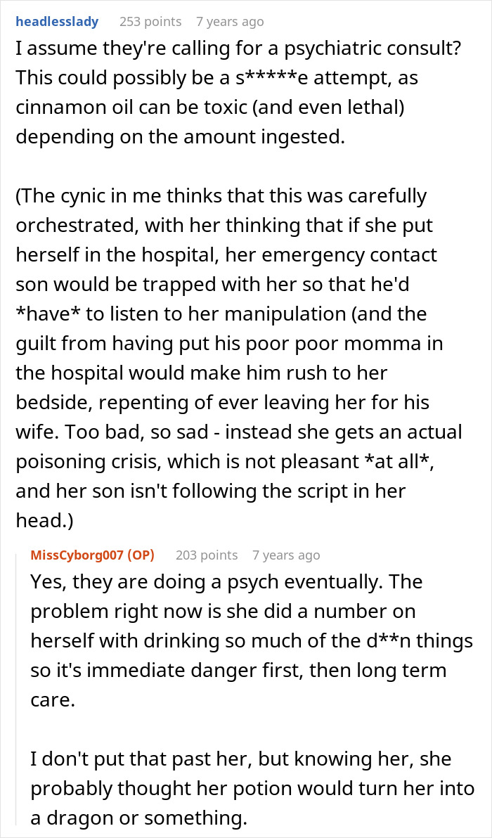 Commentary on a MIL's witching around, a dangerous potion, and the son's reaction to her hospital stay.
