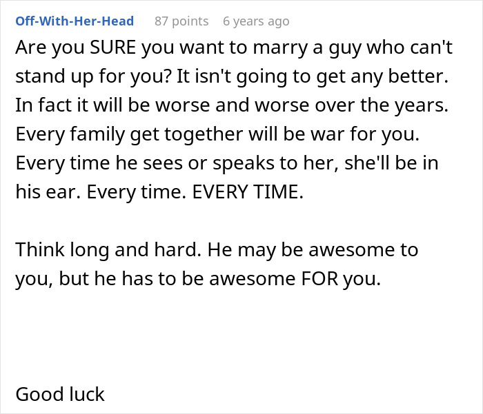 A Reddit comment asking if she wants to marry a guy who can't stand up for her against his mother-in-law.