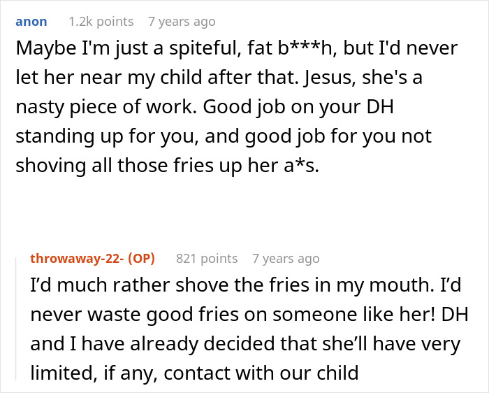 Comment about the aunt's insult at family dinner regarding the nephew's pregnant wife's weight.