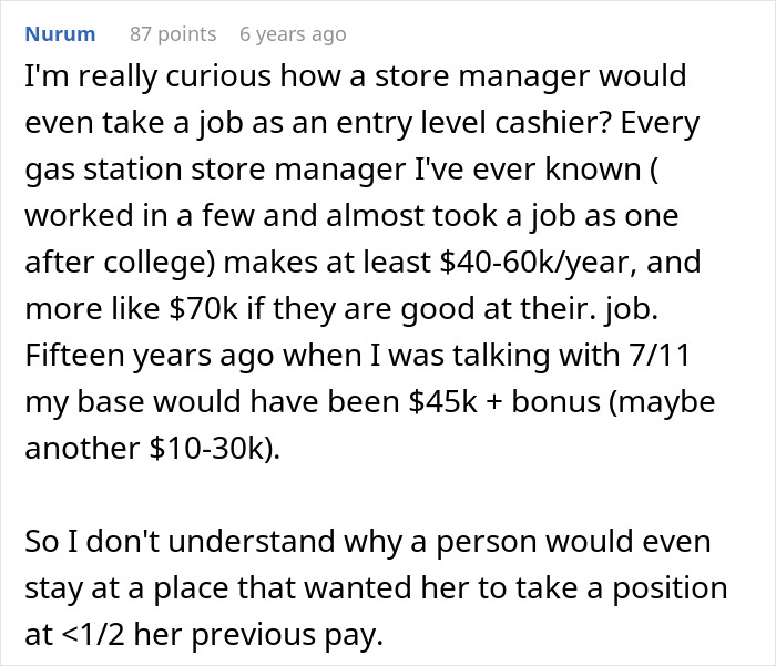 A comment from Nurum discussing a manager taking a lower-paying job after a lazy manager fired a student worker.