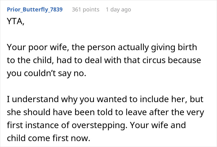 Reddit comment about a mom's inappropriate nurse mode during DIL's delivery and son's reaction.