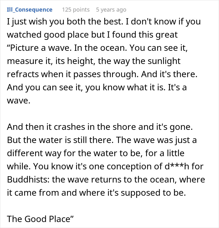 A philosophical quote about waves and the ocean, offering solace to a husband and wife dealing with sad news after a trip. A philosophical quote about waves and the ocean, offering solace to a husband and wife dealing with sad news after a trip.