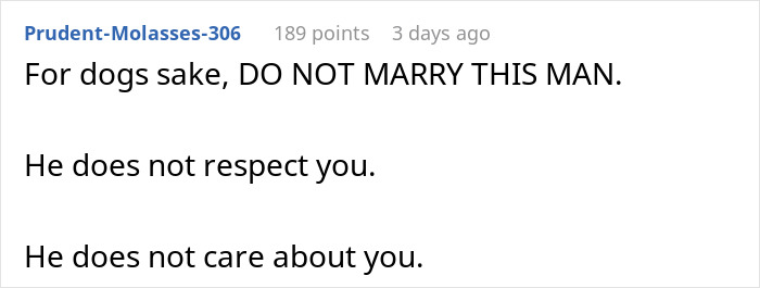 A comment strongly advises a bride-to-be against marriage due to a fiancé's lack of respect regarding her cat. A comment strongly advises a bride-to-be against marriage due to a fiancé's lack of respect regarding her cat.