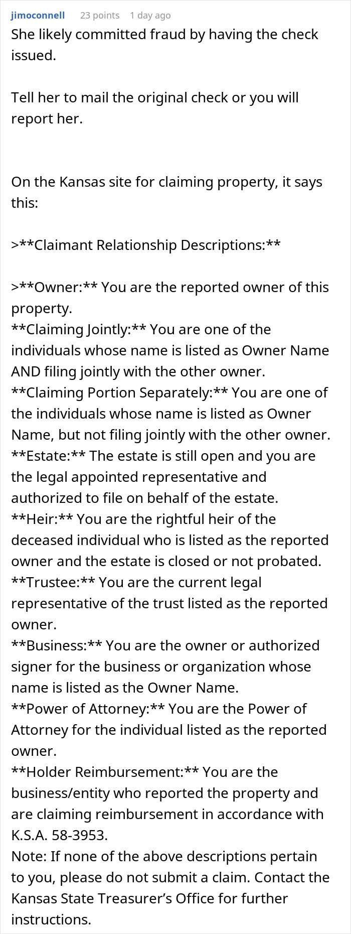 Detailed Kansas property claiming site rules, relevant to the mom and her son's long-lost $6K finder's fee dispute. Detailed Kansas property claiming site rules, relevant to the mom and her son's long-lost $6K finder's fee dispute.