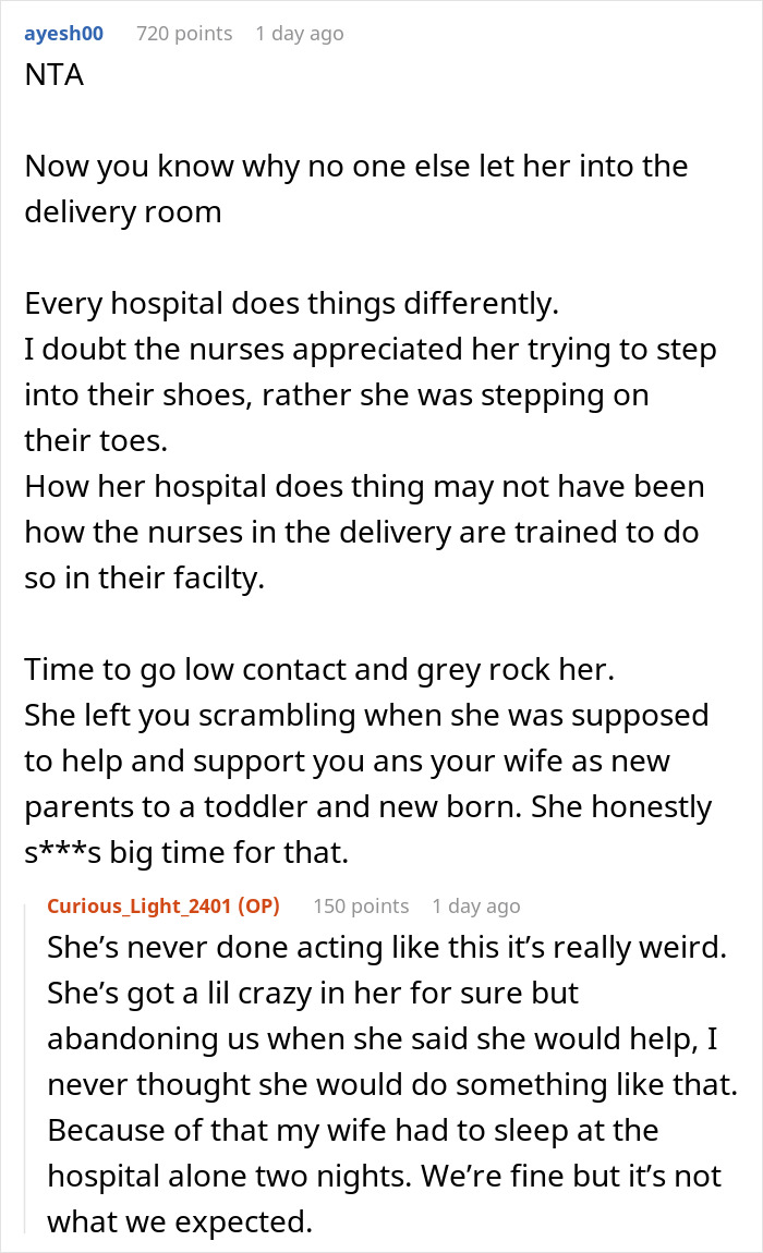A screenshot of a reddit comment criticizing a mom's nurse mode and fit during DIL's delivery.