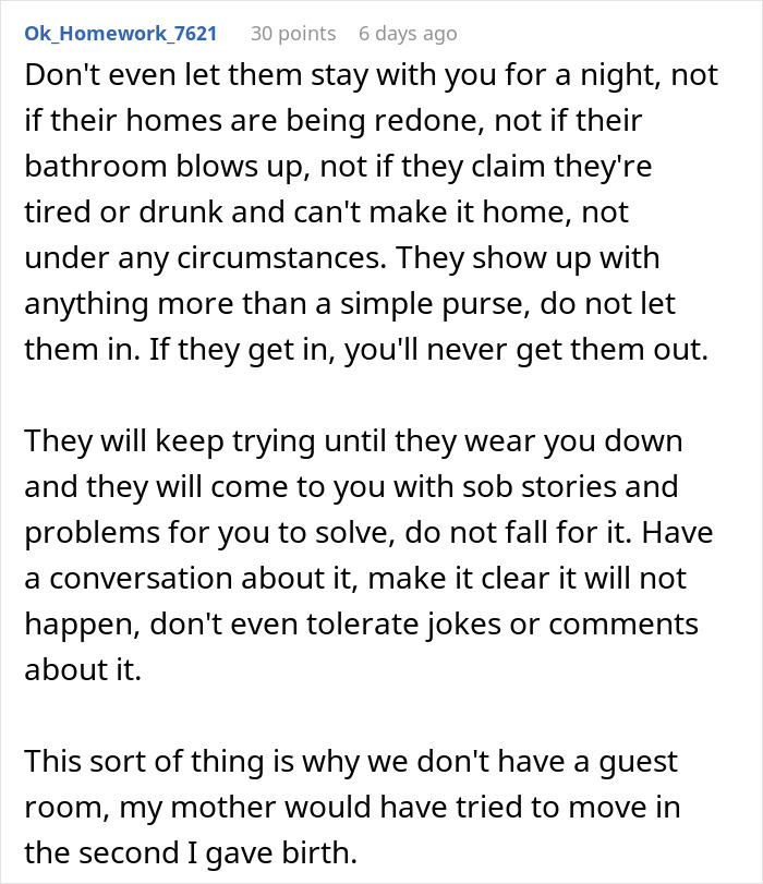 A Reddit comment from Ok_Homework_7621 advises a couple against letting their moms move in. A Reddit comment from Ok_Homework_7621 advises a couple against letting their moms move in.