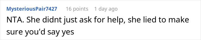 A screenshot of a comment about a single mom who lies to her sister for free babysitting. A screenshot of a comment about a single mom who lies to her sister for free babysitting.