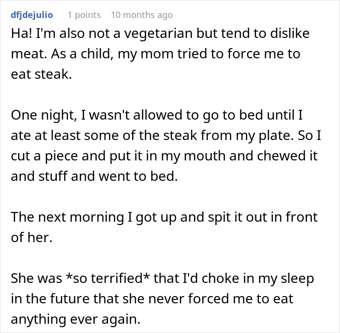 A Reddit comment details a story about a teen forced to eat unwanted food, spitting it out in the morning. A Reddit comment details a story about a teen forced to eat unwanted food, spitting it out in the morning.