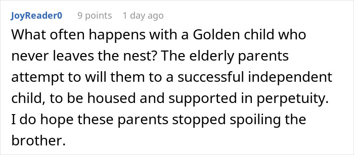 A Reddit comment discussing a golden child who never leaves the nest, relating to a bride forbidding her bro from wearing a dress to a wedding. A Reddit comment discussing a golden child who never leaves the nest, relating to a bride forbidding her bro from wearing a dress to a wedding.