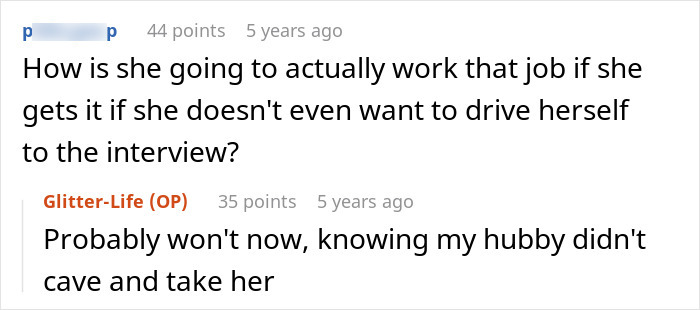 Screenshot showing a comment about the MIL needing a ride, with OP confirming the son didnt cave. Screenshot showing a comment about the MIL needing a ride, with OP confirming the son didnt cave.