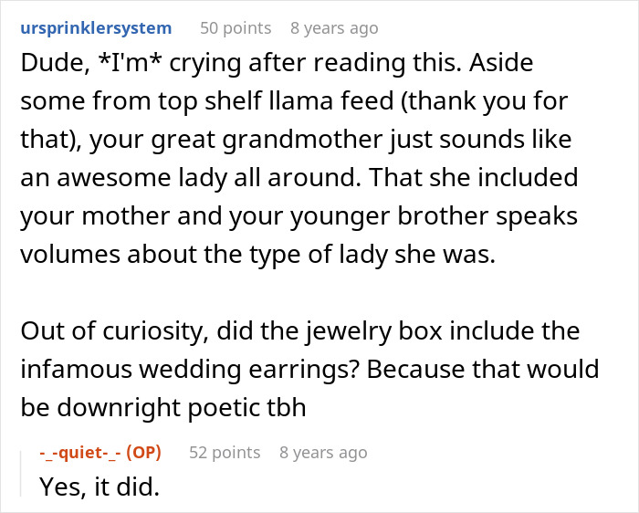 A Reddit comment expresses admiration for the great-grandma and asks if wedding earrings were included, confirming the troll. A Reddit comment expresses admiration for the great-grandma and asks if wedding earrings were included, confirming the troll.