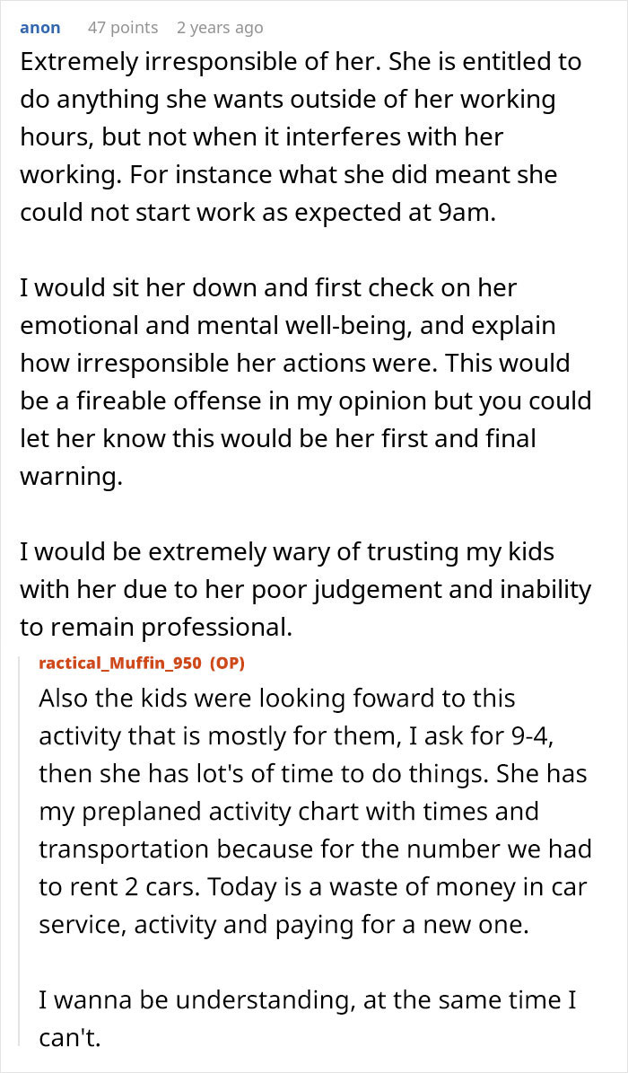 A user comment on the nanny's irresponsible actions during a family vacation and potential firing.