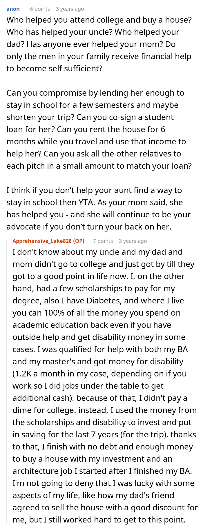 A man denies his aunt asking him money for college, sparking a family dispute. A man denies his aunt asking him money for college, sparking a family dispute.