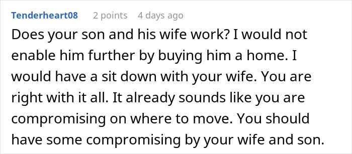 A screenshot of a comment from user Tenderheart08 offering advice on financially supporting son in his 40s and dealing with his wife. A screenshot of a comment from user Tenderheart08 offering advice on financially supporting son in his 40s and dealing with his wife.