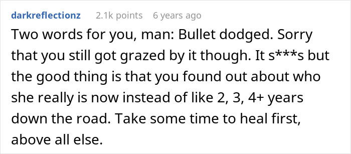 A comment on social media suggesting the man dodged a bullet by finding out the truth about the one.