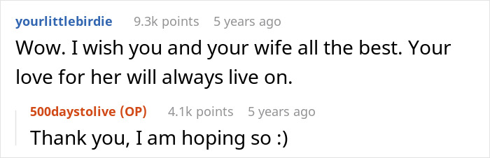 A comment wishing a husband and his wife the best, and the husband's reply of thanks, after sad news. A comment wishing a husband and his wife the best, and the husband's reply of thanks, after sad news.