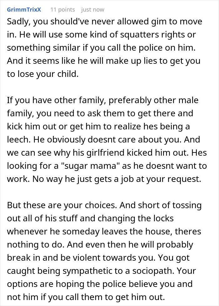A long comment about the moocher, squatters rights, losing a child, and getting help from family. The text is on a white background.