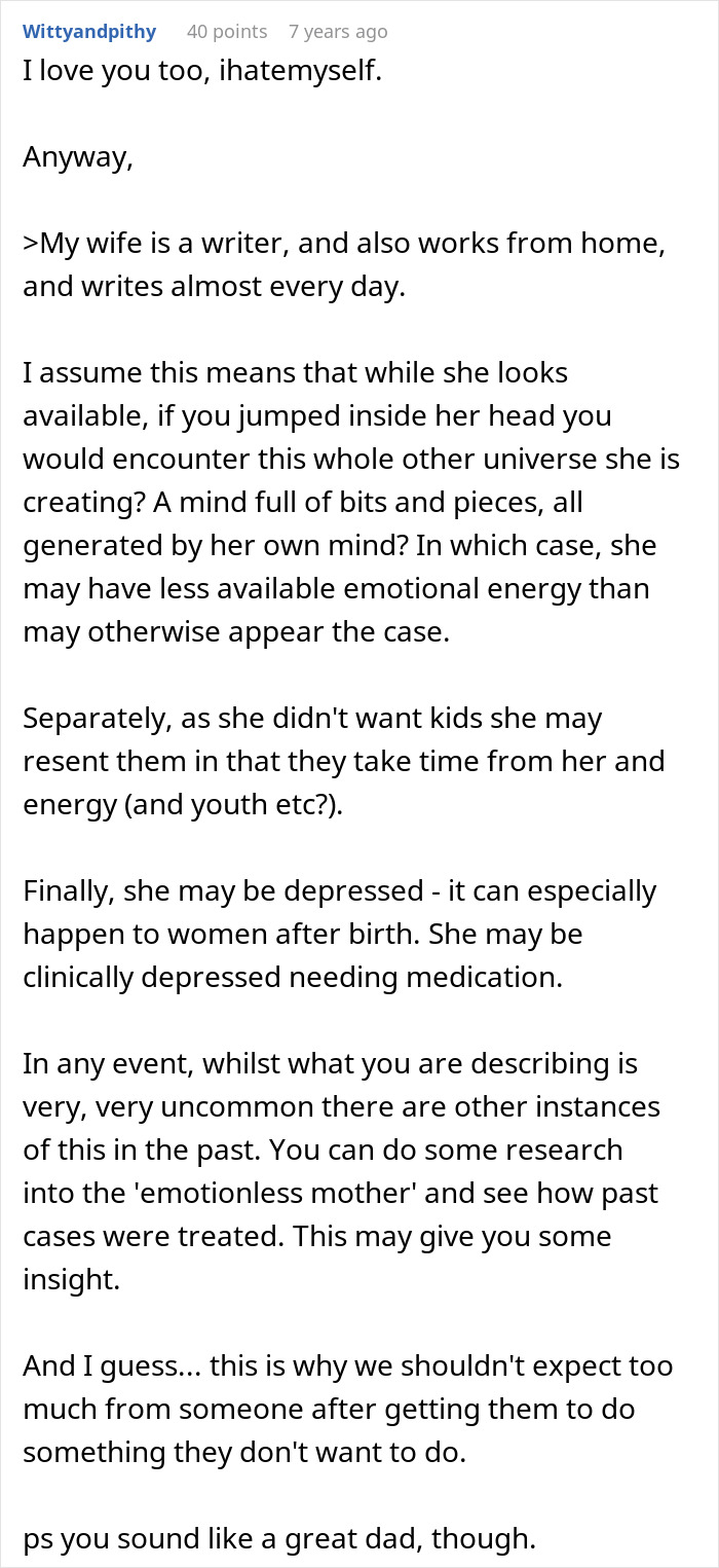 A detailed comment analyzing the wife's potential reasons for not wanting children, including mental health, and impact on kids.