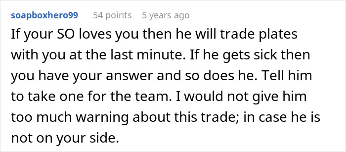 A Reddit comment suggesting a woman's partner switch food plates if the future mother-in-law is poisoning her food. A Reddit comment suggesting a woman's partner switch food plates if the future mother-in-law is poisoning her food.