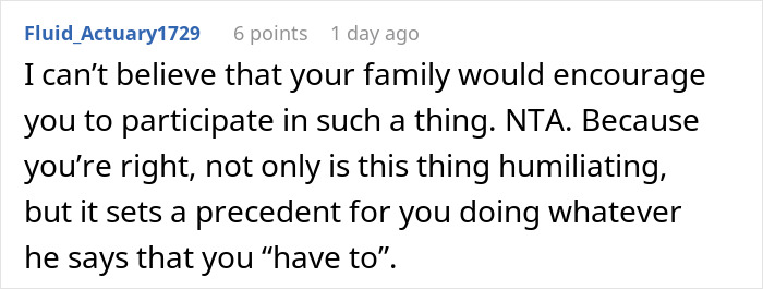 A comment expressing disbelief that family encourages a humiliating tradition for a girlfriend's marriage mistake.