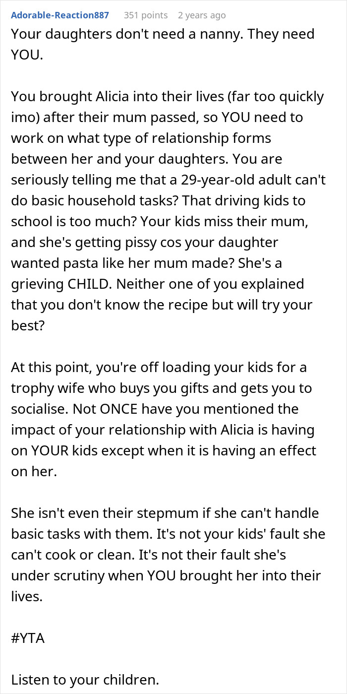 Screenshot of Reddit comment emphasizing the dad's role, not the nanny, with his kids. Screenshot of Reddit comment emphasizing the dad's role, not the nanny, with his kids.