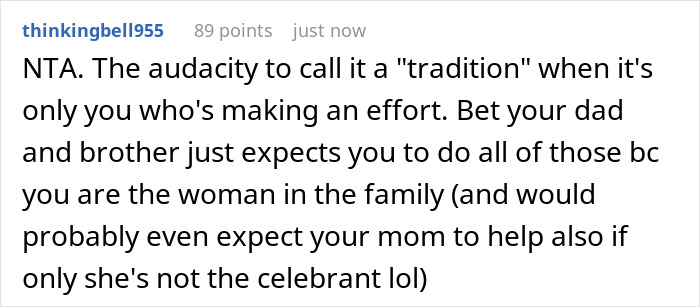 A user comment supporting the 27YO refusal to host Mom's B-Day due to family expectations and lack of effort. A user comment supporting the 27YO refusal to host Mom's B-Day due to family expectations and lack of effort.