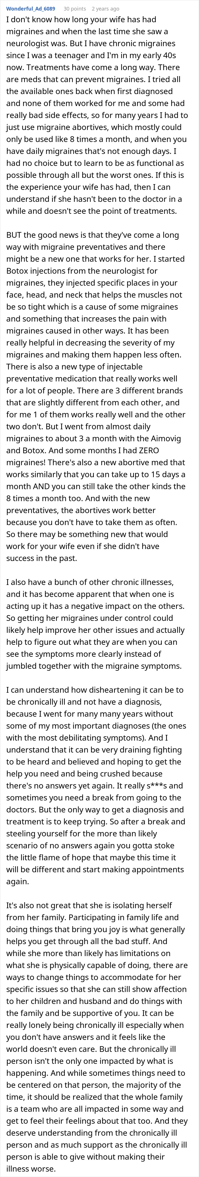 A detailed Reddit comment about a man caring for his sick wife who sleeps 12 hours a day due to migraines.
