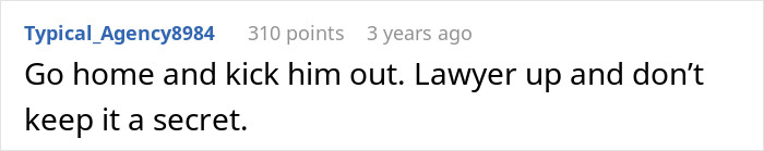A screenshot showing advice to kick out the husband and lawyer up after finding him and her sister naked.