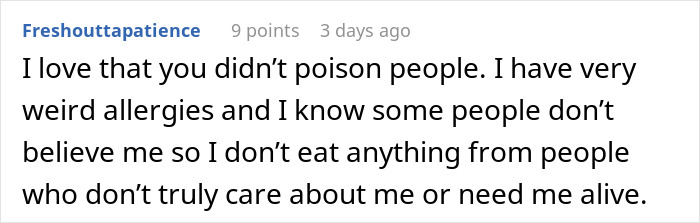 A comment on a woman serving brownies to mean teammates, highlighting the decision to keep her recipe secret as petty payback. A comment on a woman serving brownies to mean teammates, highlighting the decision to keep her recipe secret as petty payback.