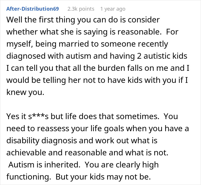 A Reddit comment discussing the challenges of an autism diagnosis and wife's decision to not have kids. A Reddit comment discussing the challenges of an autism diagnosis and wife's decision to not have kids.